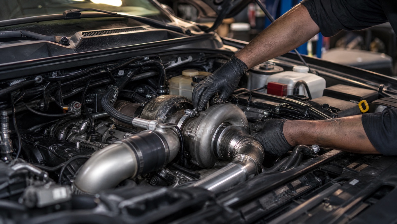 Technician repairing a diesel engine and turbo